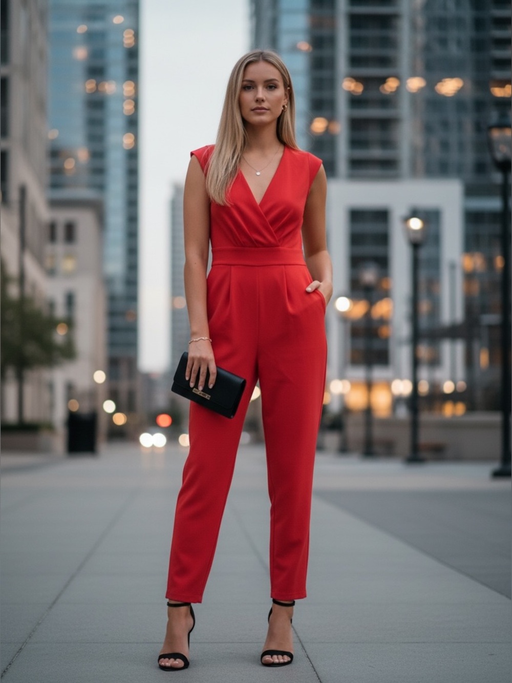 Bebe Emma Jumpsuit Womens 4 Cayenne Red Open Tie Back Tapered Leg V Neck